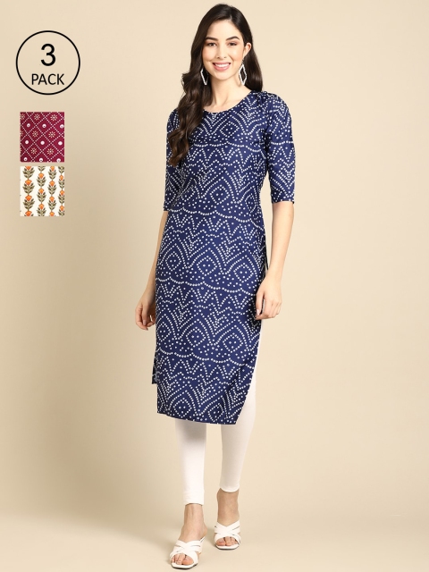 

Ethnic basket Women Pack Of 3 Ethnic Motifs Printed Crepe Kurta, Blue