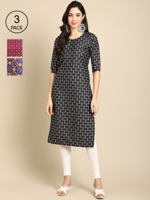 

Ethnic basket Women Pack Of 3 Block Print Crepe Kurta, Black