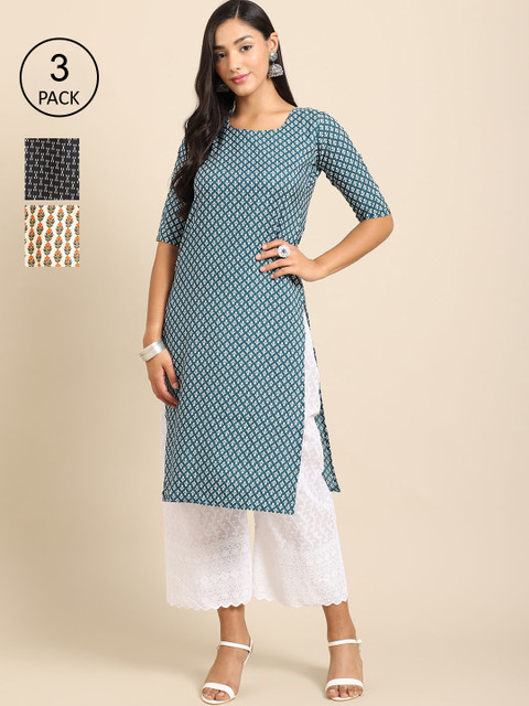 

Ethnic basket Women Pack Of 3 Floral Printed Crepe Straight Kurta, Blue