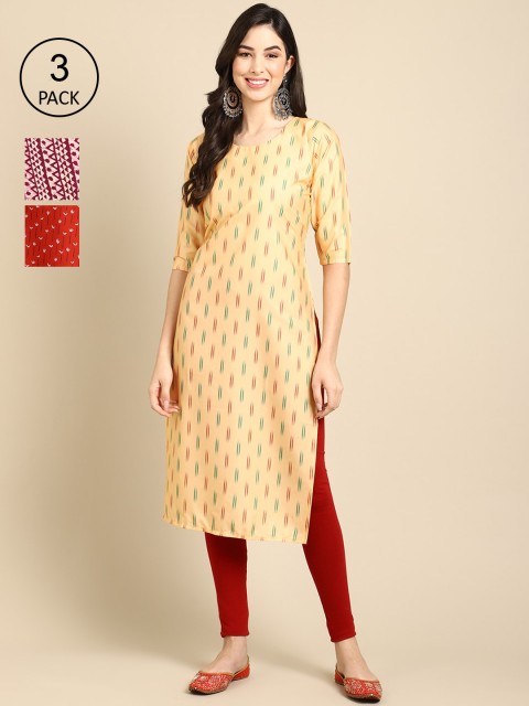 

Ethnic basket Women Pack Of 3 Yellow & Red Ethnic Motifs Printed Crepe Kurta