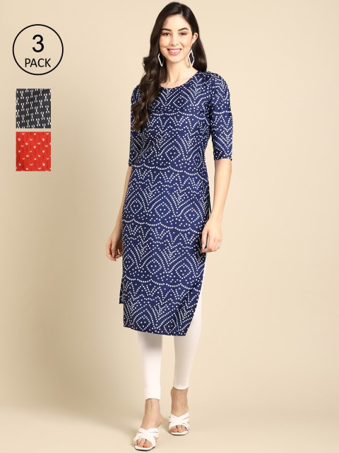 

Ethnic basket Women Multicoloured Geometric Printed Keyhole Neck Block Print Crepe Kurta, Multi