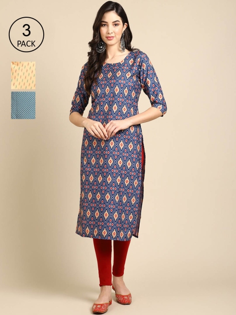 

Ethnic basket Women Pack Of 3 Geometric Printed Crepe Kurta, Blue