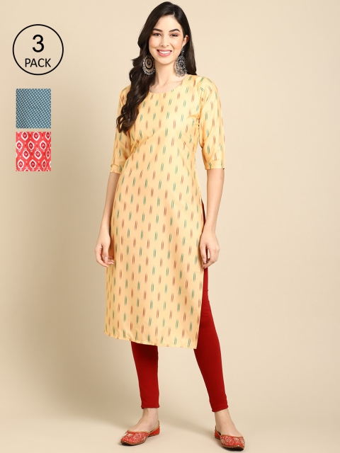 

Ethnic basket Women Pack of 3 Ethnic Motifs Printed Crepe Kurta, Yellow