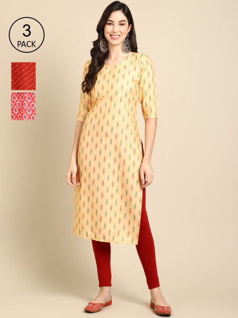 

Ethnic basket Women Multicoloured Pack Of 3 Geometric Printed Block Print Crepe Kurta, Multi