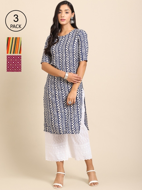 

Ethnic basket Women Pack of 3 Blue & Yellow Printed Crepe Kurta