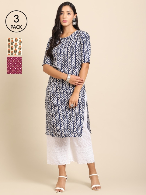 

Ethnic basket Women Pack of 3 Printed Crepe Kurtas, Navy blue