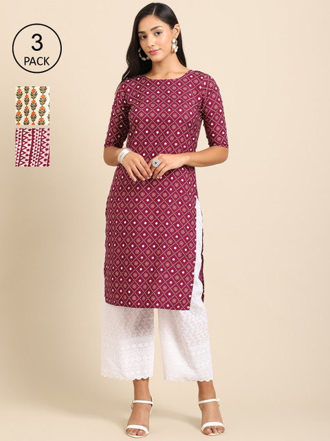 

Ethnic basket Women Pack of 3 Printed Crepe Kurtas, Maroon