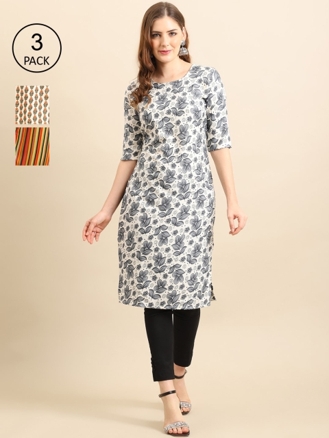 

Ethnic basket Women Pack Of 3 Floral Printed Crepe Kurta, White