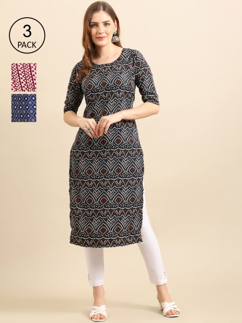 

Ethnic basket Women Pack of 3 Black & Maroon Ethnic Motifs Printed Crepe Kurta