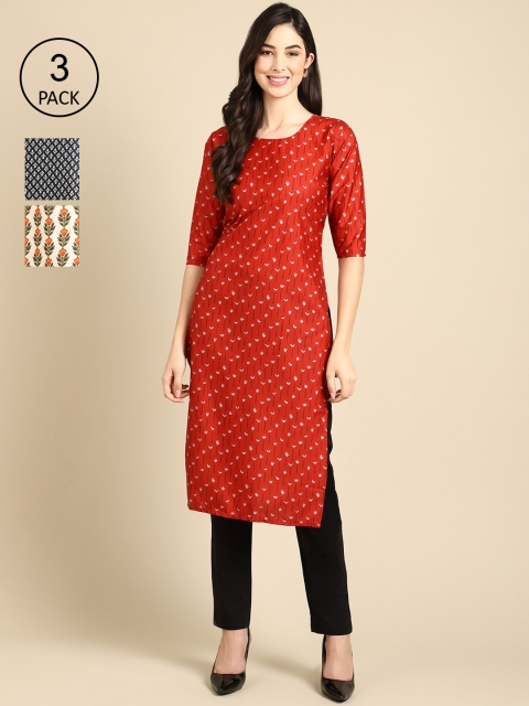 

Ethnic basket Women Cream & Orange Pack Of 3 Floral Printed Block Print Crepe Kurta