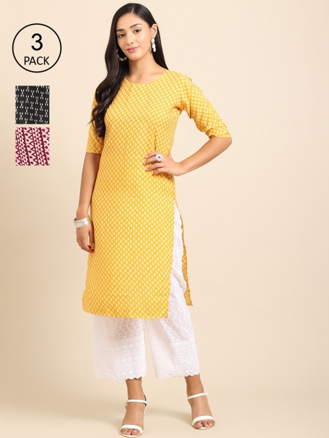 

Ethnic basket Women Yellow & Black Ethnic Motifs Printed Block Print Crepe Kurta