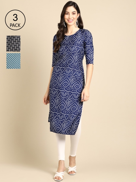 

Ethnic basket Women Pack of 3 Blue & Black Geometric Printed Crepe Kurta