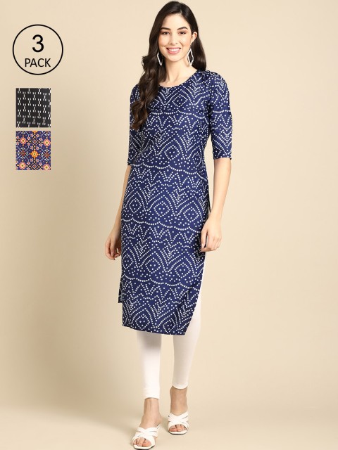 

Ethnic basket Women Pack of 3 Black & Blue Geometric Printed Block Print Crepe Kurtas