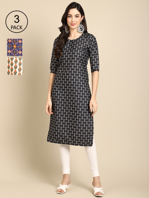 

Ethnic basket Women Pack Of 3 Floral Printed Crepe Straight Kurta, Black