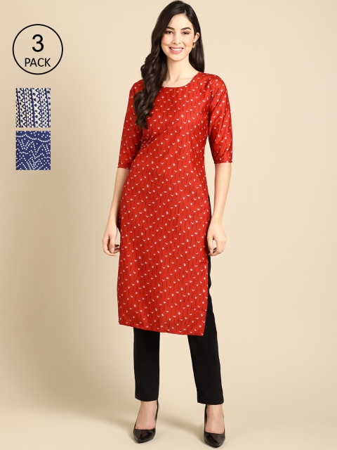 

Ethnic basket Pack Of 3 Women Red & Blue Geometric Printed Crepe Kurta