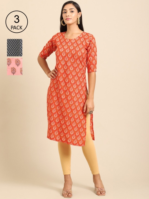 

Ethnic basket Women Pack of 3 Printed Crepe Kurtas, Orange