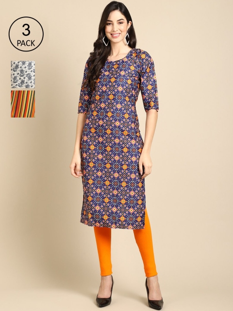 

Ethnic basket Women Pack Of 3 Floral Printed Crepe Kurta, Blue