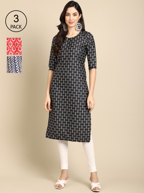 

Ethnic basket Women Pack of 3 Crepe Kurta, Black