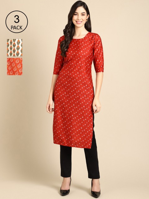 

Ethnic basket Pack of 3 Women Printed Straight Crepe Kurta, Red