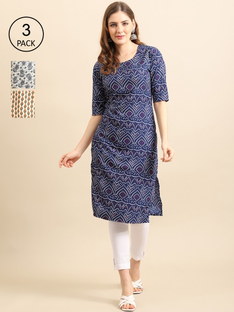 

Ethnic basket Women Pack Of 3 Blue & White Ethnic Motifs Printed Crepe Kurta