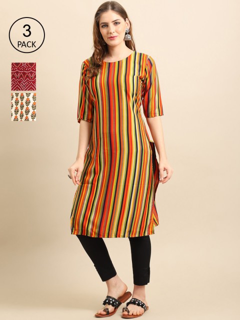 

Ethnic basket Women Pack of 3 Yellow & Beige Ethnic Motifs Printed Block Print Crepe Kurta