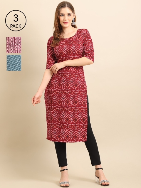 

Ethnic basket Women Pack Of 3 Geometric Printed Crepe Straight Kurta, Red