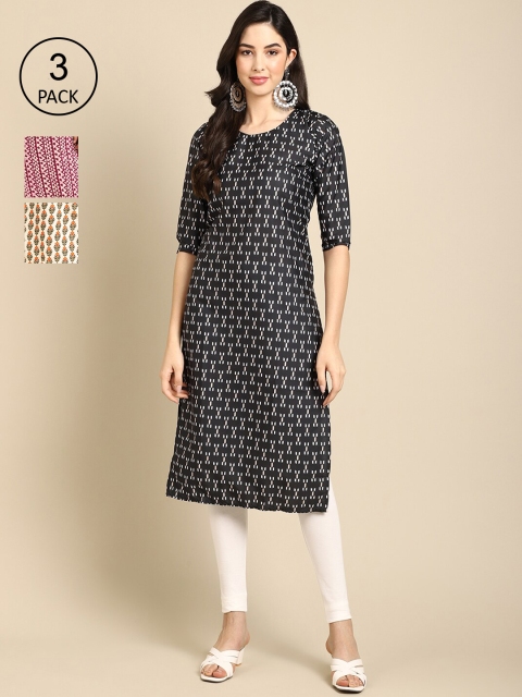 

Ethnic basket Women Pack of 3 Printed Crepe Kurtas, Black