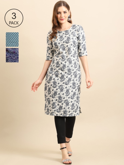 

Ethnic basket Women Pack of 3 Grey & Blue Ethnic Motifs Printed Crepe Kurta