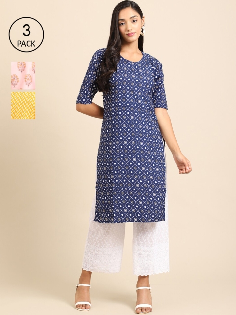 

Ethnic basket Women Pack Of 3 Floral Printed Crepe Straight Kurta, Blue