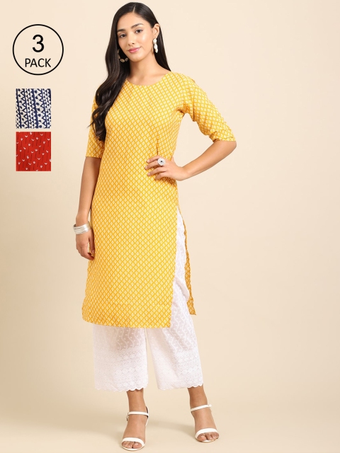 

Ethnic basket Women Pack of 3 Geometric Printed Crepe Straight Kurta, Yellow