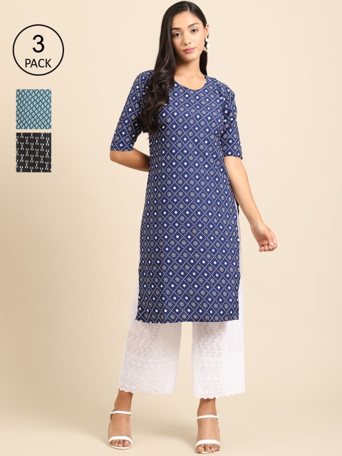 

Ethnic basket Women Pack of 3 Blue & Sea Green Ethnic Motifs Printed Crepe Kurta