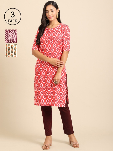 

Ethnic basket Women Pack of 3 Coral & Magenta Ethnic Motifs Printed Crepe Kurta