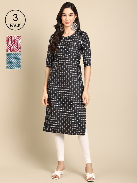 

Ethnic basket Women Pack of 3 Black & Blue Ethnic Motifs Printed Crepe Kurta