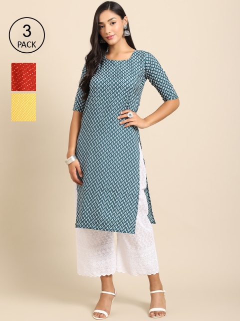 

Ethnic basket Women Pack Of 3 Ethnic Motifs Printed Crepe Kurta, Blue