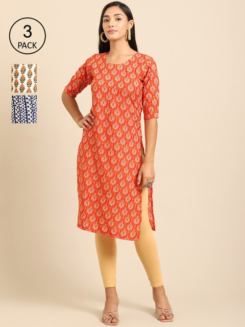 

Ethnic basket Women Pack Of 3 Ethnic Motifs Printed Crepe Kurta, Orange