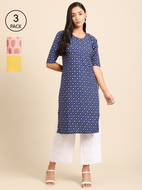 

Ethnic basket Women Pack Of 3 Ethnic Motifs Printed Crepe Kurta, Navy blue