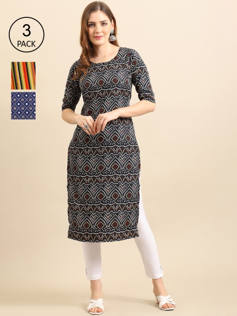 

Ethnic basket Women Pack Of 3 Printed Crepe Kurta, Black