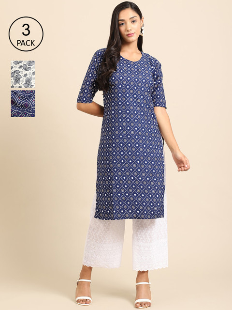 

Ethnic basket Women Pack Of 3 Printed Crepe Kurta, Blue
