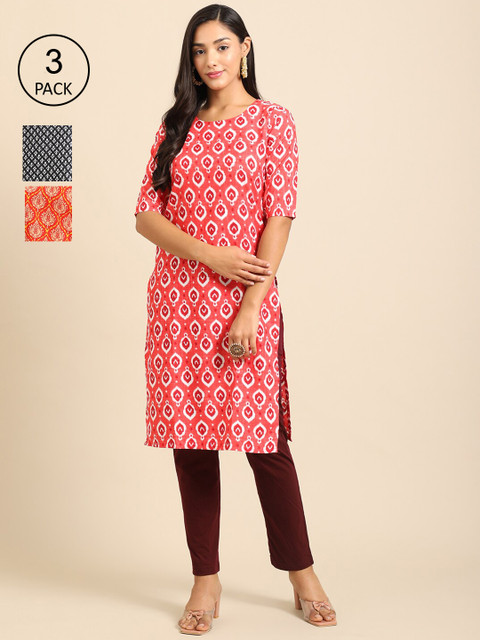 

Ethnic basket Women Pack Of 3 Printed Crepe Kurta, Black