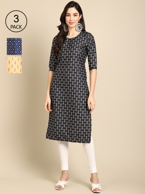 

Ethnic basket Women Pack Of 3 Printed Crepe Kurta, Navy blue