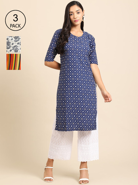 

Ethnic basket Women Pack of 3 Blue & Grey Ethnic Motifs Printed Crepe Kurta