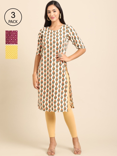 

Ethnic basket Women Pack Of 3 Beige & Maroon Ethnic Motifs Printed Crepe Kurta