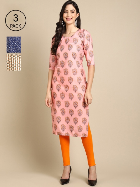 

Ethnic Basket Stylish Women's Crepe Printed Straight Kurta (Pack of 3), Pink