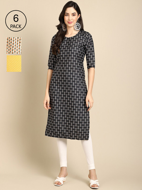 

Ethnic basket Women Pack of 3 Black & Orange Geometric Printed Block Print Crepe Kurta