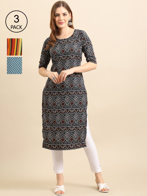 

Ethnic Basket Pack Of 3 Women Printed Crepe Kurta, Black