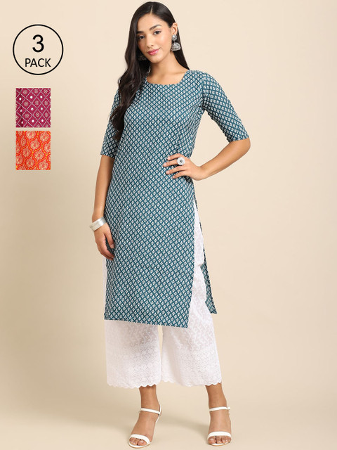 

Ethnic basket Women Pack of 3 Orange & Purple Ethnic Motifs Block Print Crepe Kurtas