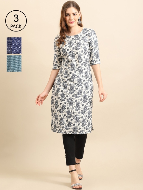 

Ethnic basket Women Pack of 3 Navy Blue & Grey Geometric Striped Block Print Crepe Kurta