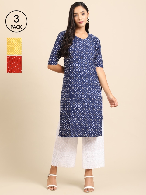 

Ethnic basket Women Pack of 3 Blue & Yellow Geometric Printed Crepe Kurta
