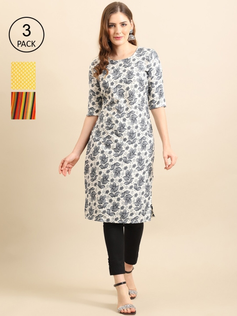 

Ethnic basket Women Pack of 3 Floral Printed Crepe Straight Kurta, White