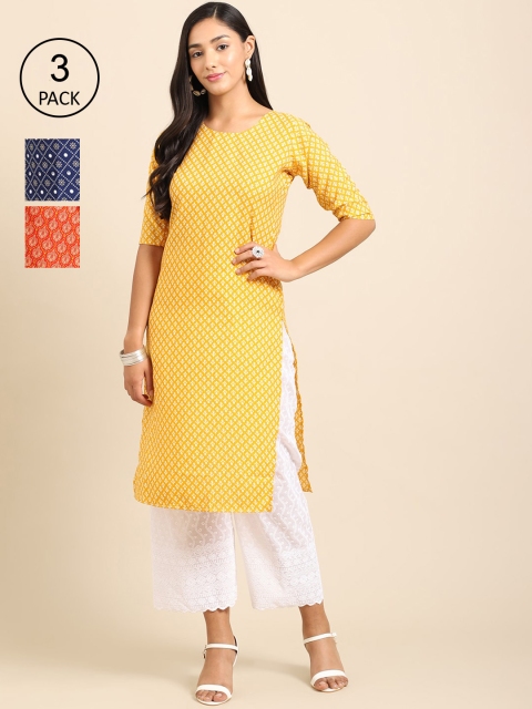 

Ethnic basket Women Pack Of 3 Ethnic Motifs Printed Crepe Kurta, Yellow